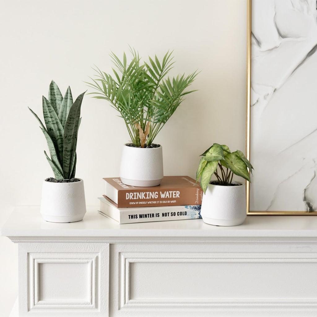 MyGift 3pc Artificial Plants in White Textured Planters, Faux Greenery | Bring easy-care greenery indoors with three