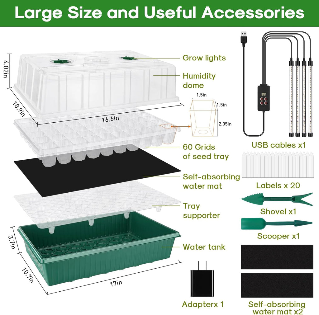 120-Cell Self-Watering Seed Starter Tray with Grow Light, Green | 1-24H Smart Timer, Seed Starter Kit with 4.02"