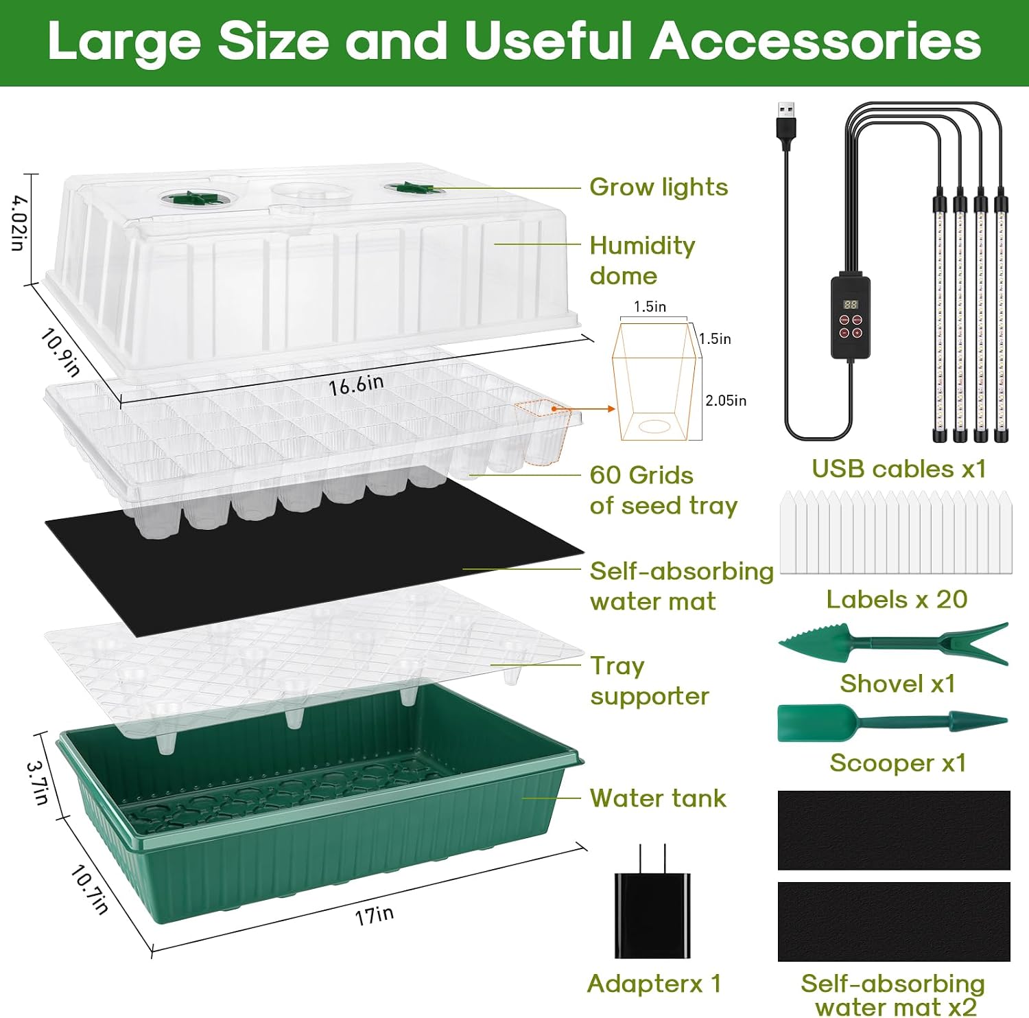 120-Cell Self-Watering Seed Starter Tray with Grow Light, Green | 1-24H Smart Timer, Seed Starter Kit with 4.02"
