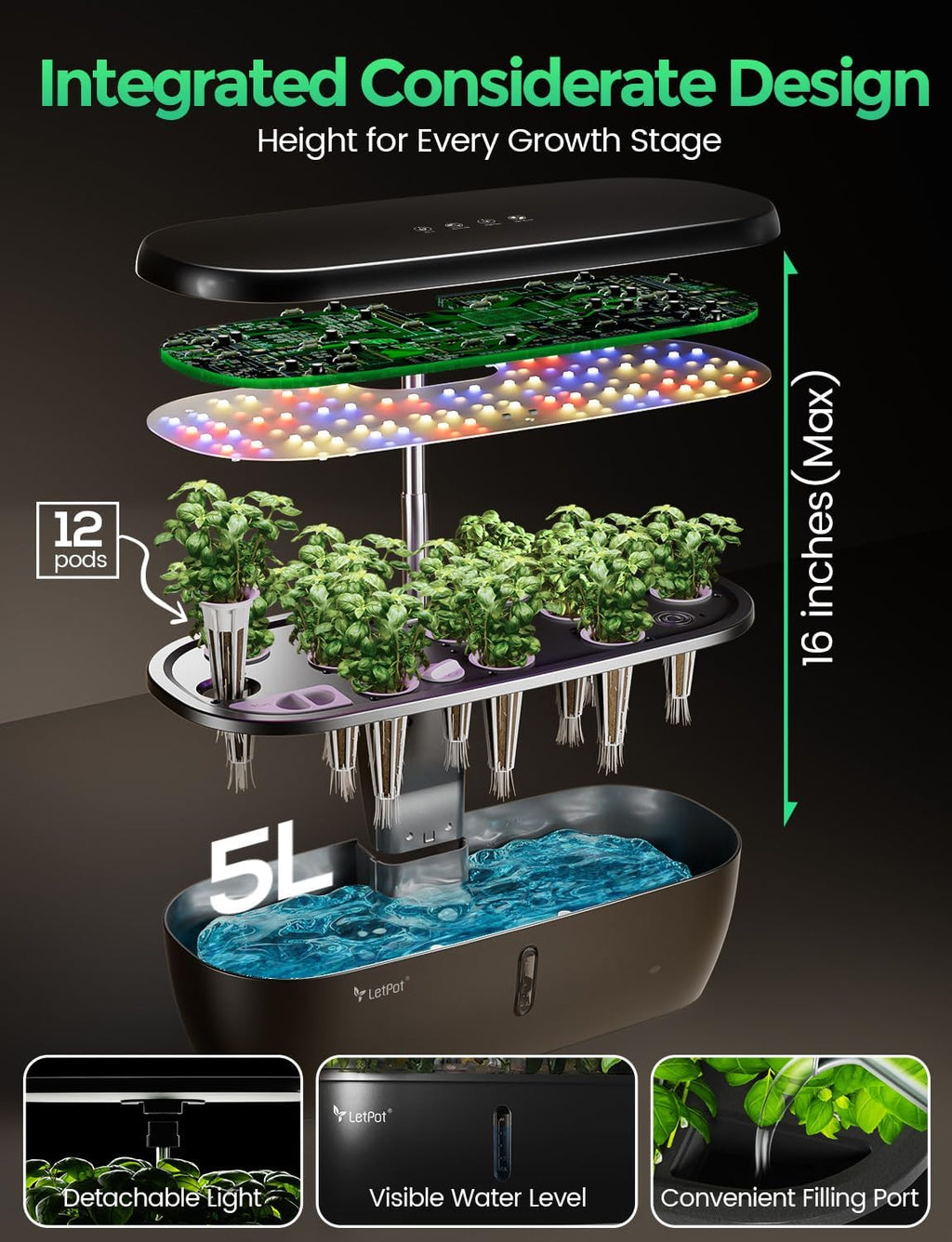 LETPOT Hydroponics Growing System, 12 Pods Indoor Herb Garden Kit with 24W LED Grow Light, 5.5L Water Tank & 16"