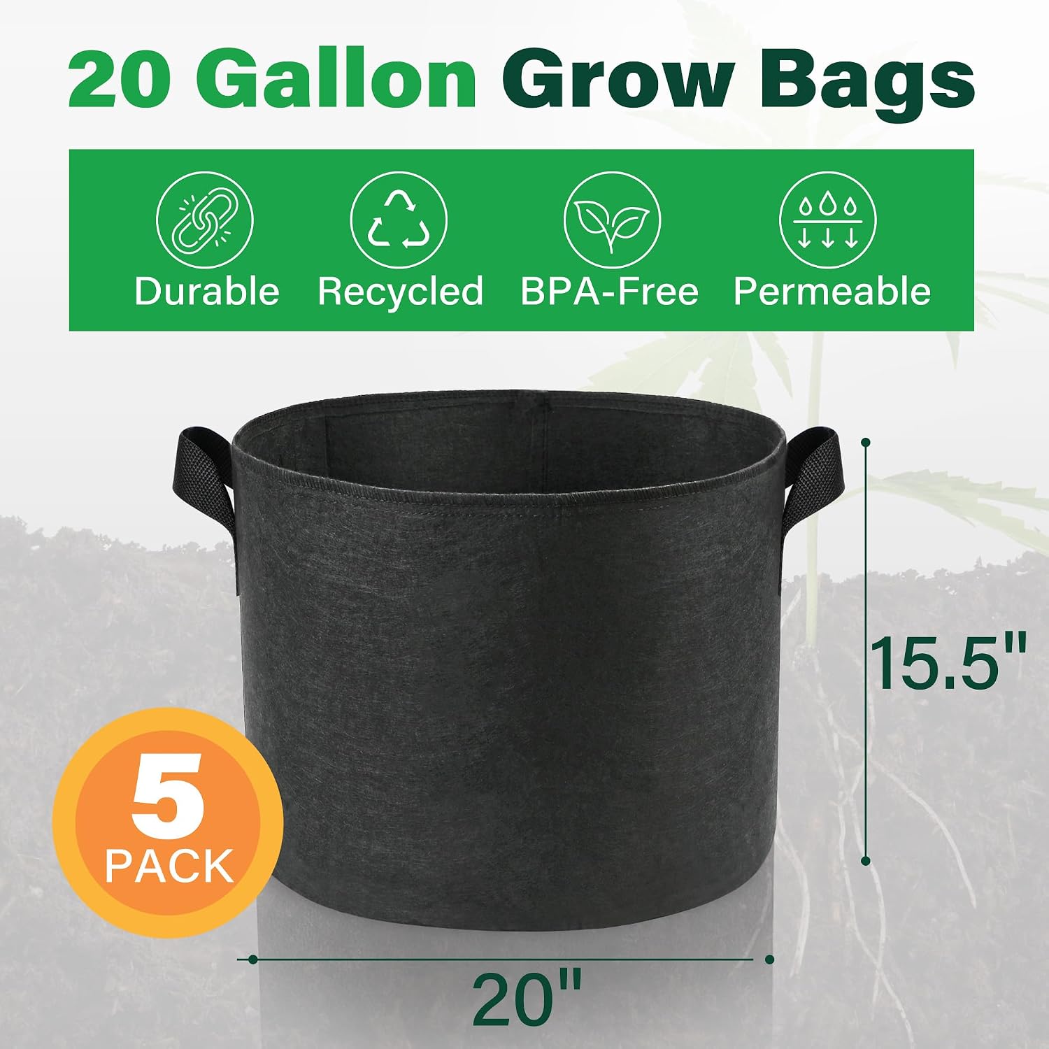 LotFancy 5-Pack 20 Gallon Grow Bags, 300G Thickened Nonwoven Fabric Pots with Reinforced Handles, Heavy Duty Aeration