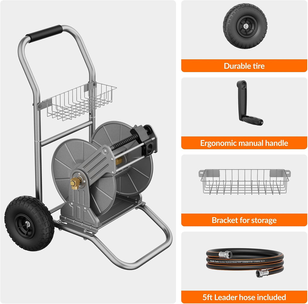 Giraffe Tools Garden Hose Reel Cart with Wheels, Heavy Duty Metal Water Hose Reel Cart, 200 ft of 1/2 Capacity, Mobile