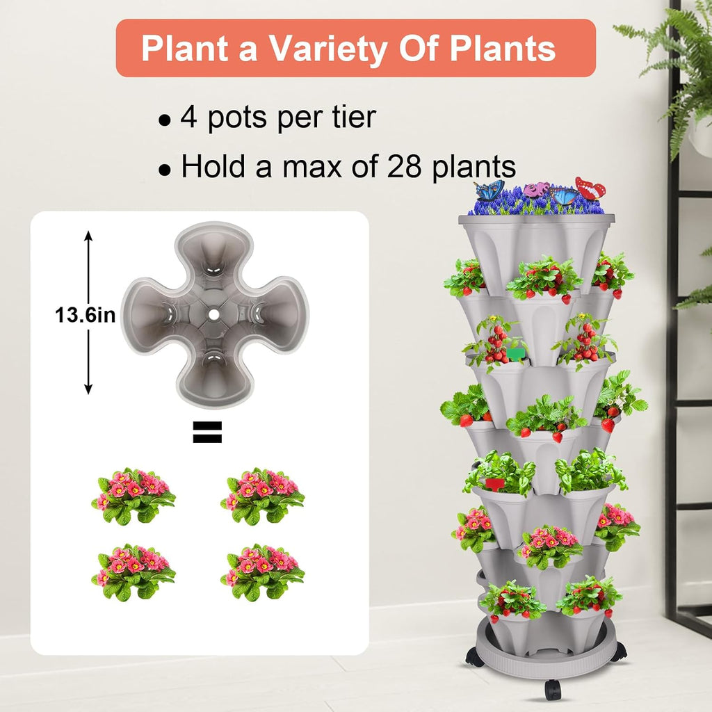 DUNCHATY Stackable Planter, Vertical Garden Planter with Wheels and Tools, Self Watering Strawberry Planter