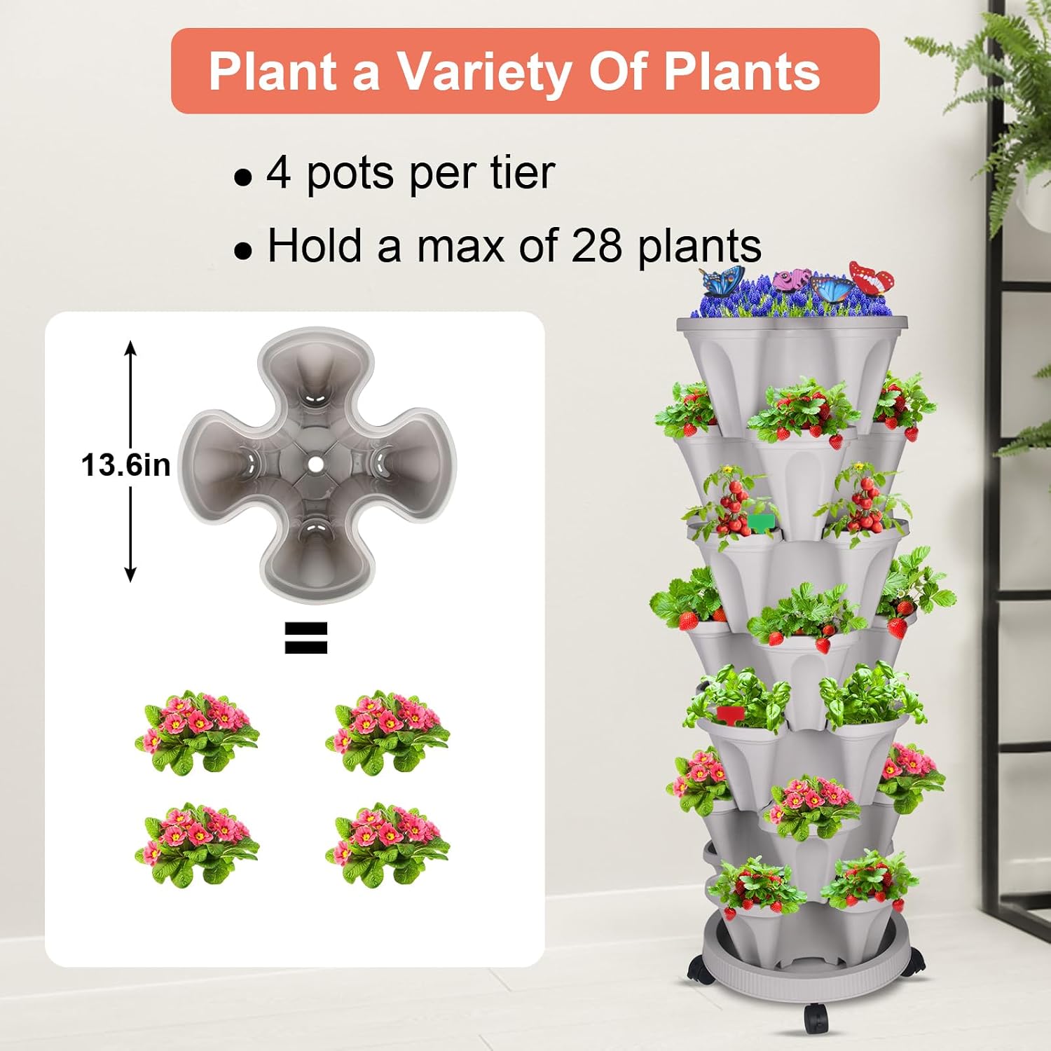DUNCHATY Stackable Planter, Vertical Garden Planter with Wheels and Tools, Self Watering Strawberry Planter