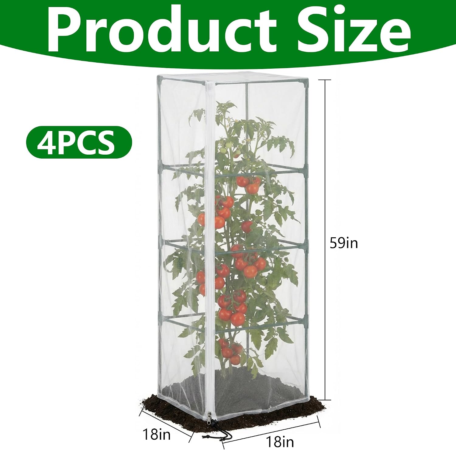 4 Pcs Garden Bird Netting for Square Plant Cage, 59" x 18" x 18" Tomato Cage Garden Net Cover with Zipper, Tomato