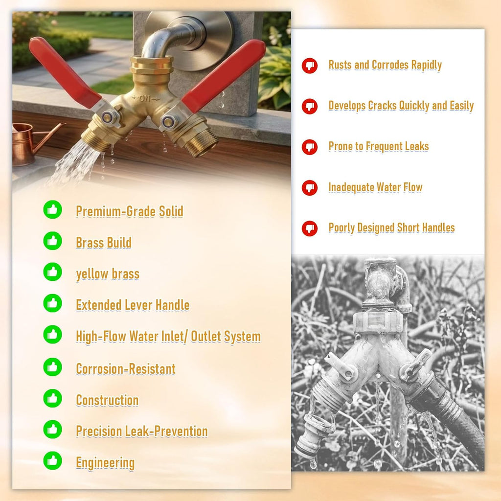 Garden Hose Splitter 2 Way, Heavy Duty Brass Y Valve Water Hose Splitter With Stainless Steel Long Handle Outdoor Full