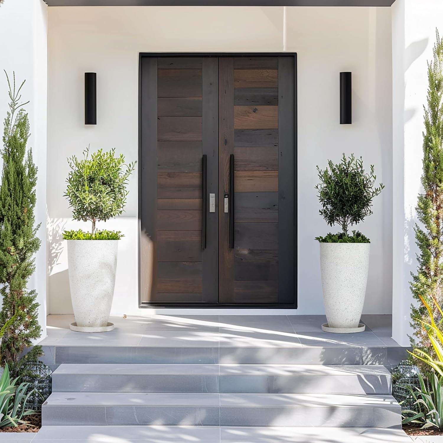 LA Jolie Muse 20 Inch Tall White Planters,Set of 2 Indoor/Outdoor Tall Planters with Shelf Insert and Trays,Modern