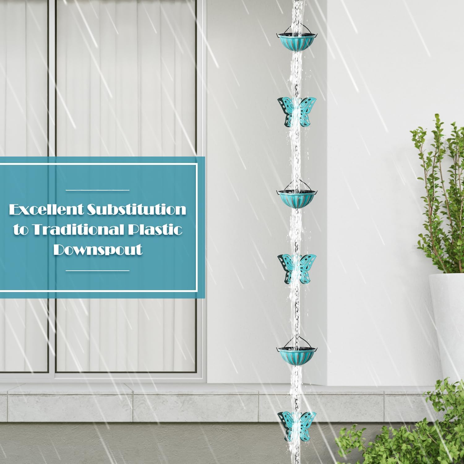 8.5 FT Butterfly Rain Chain with 12 Cups for Gutters Downspouts Outside | Metal Material, Large Opening to Avoid