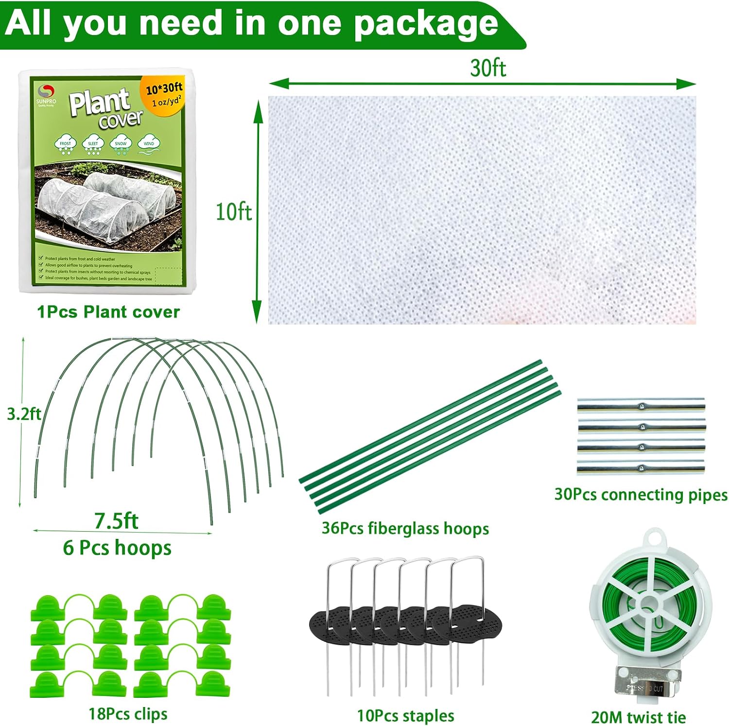 Plant Covers Freeze Protection Kit, 10 x 30Ft Frost Cloth and 6Pcs Fiberglass Garden Hoops 1oz/yd² Floating Row Cover