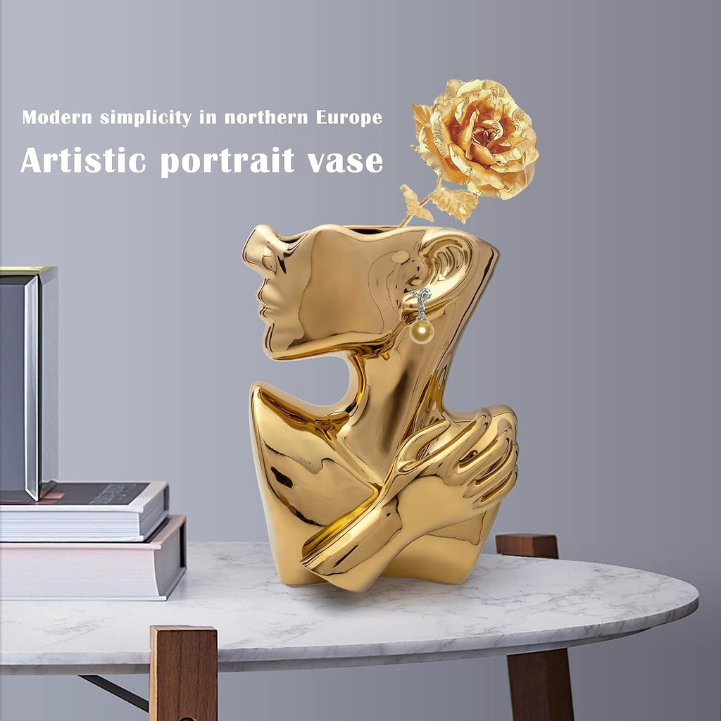 Notakia Gold Head Planter Vase - Ceramic Face Bust Pot for Succulent Plants, Modern Home Decor Indoor Flower Pot, 9.84"