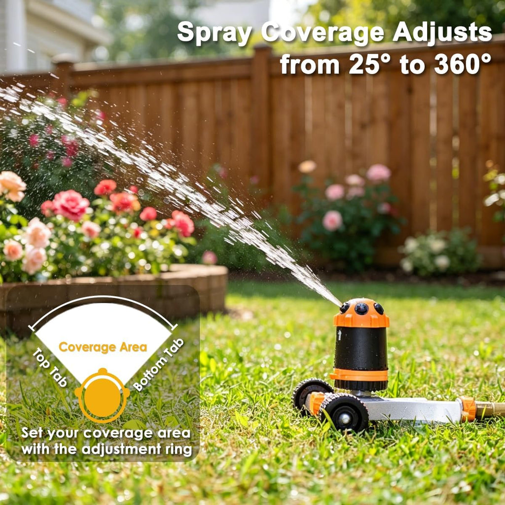 FANHAO Gear Drive Lawn Sprinkler with Metal Wheel Base, Heavy Duty 6-Pattern Water Sprinkler System, Adjustable