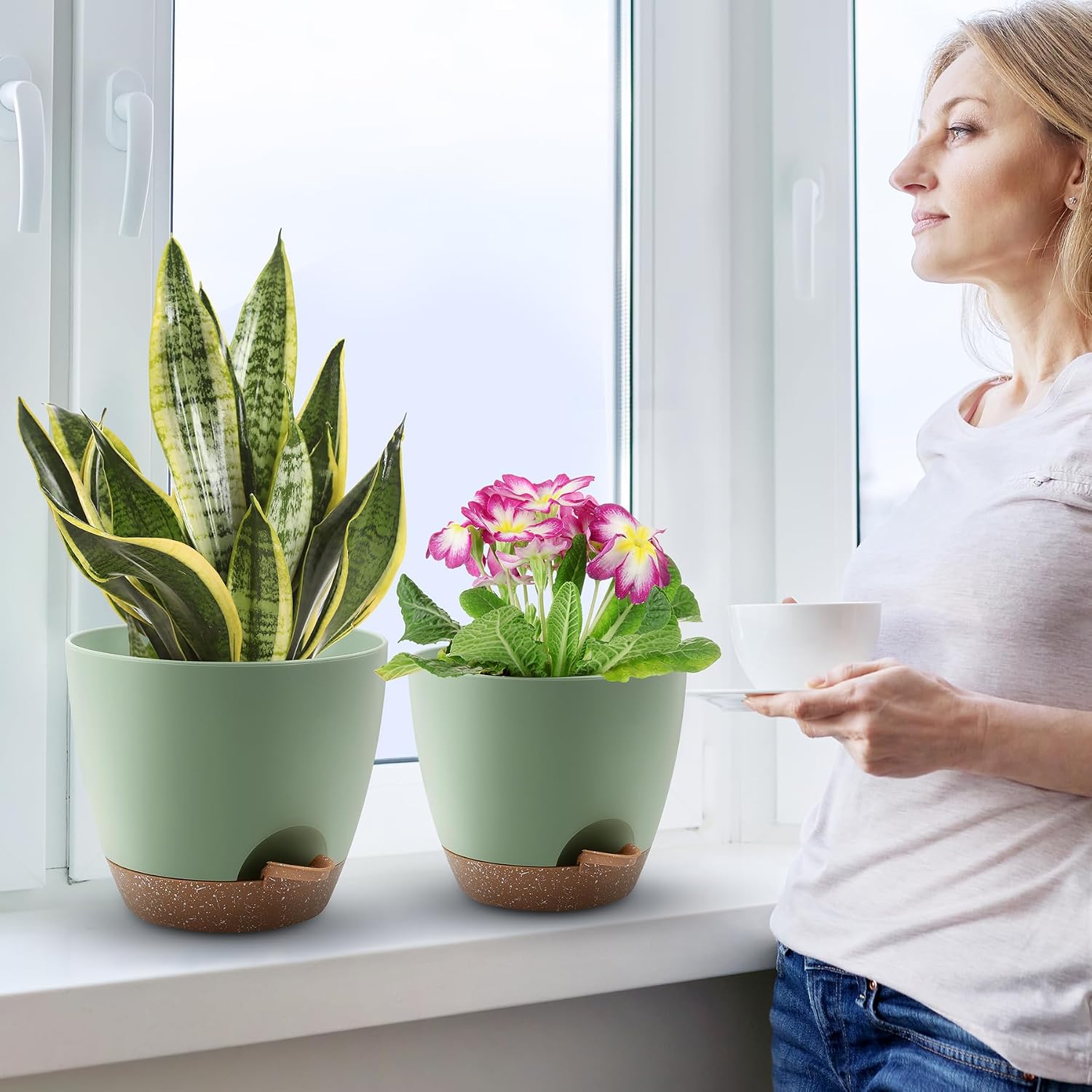 Plant Pots 12/10/9 Inch Self Watering Pots, Set of 3 Plastic Planters with Drainage Holes and Saucers,Plastic Flower