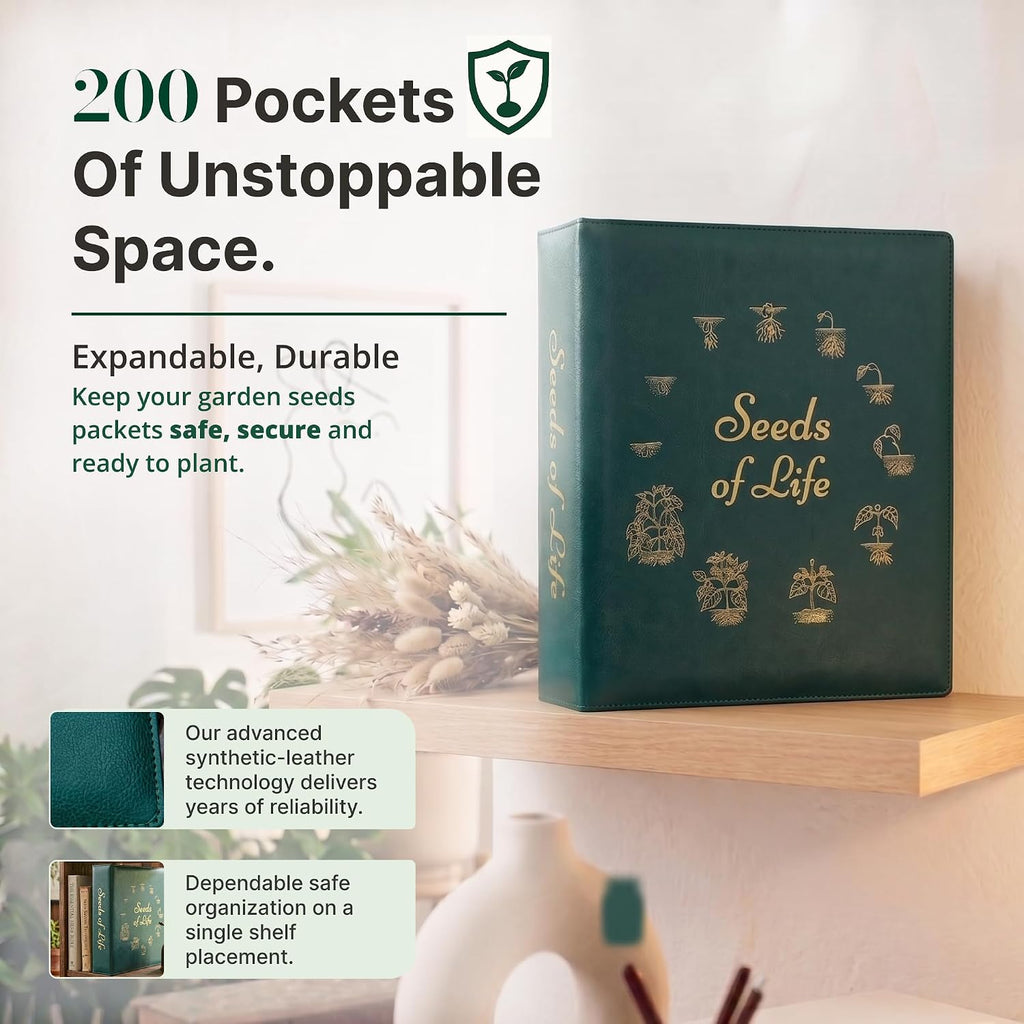 Seeds of Life - Seed Storage Organizer Binder – Compact Seed Packet Organizer with 50 Sheets Holding 200 Seed