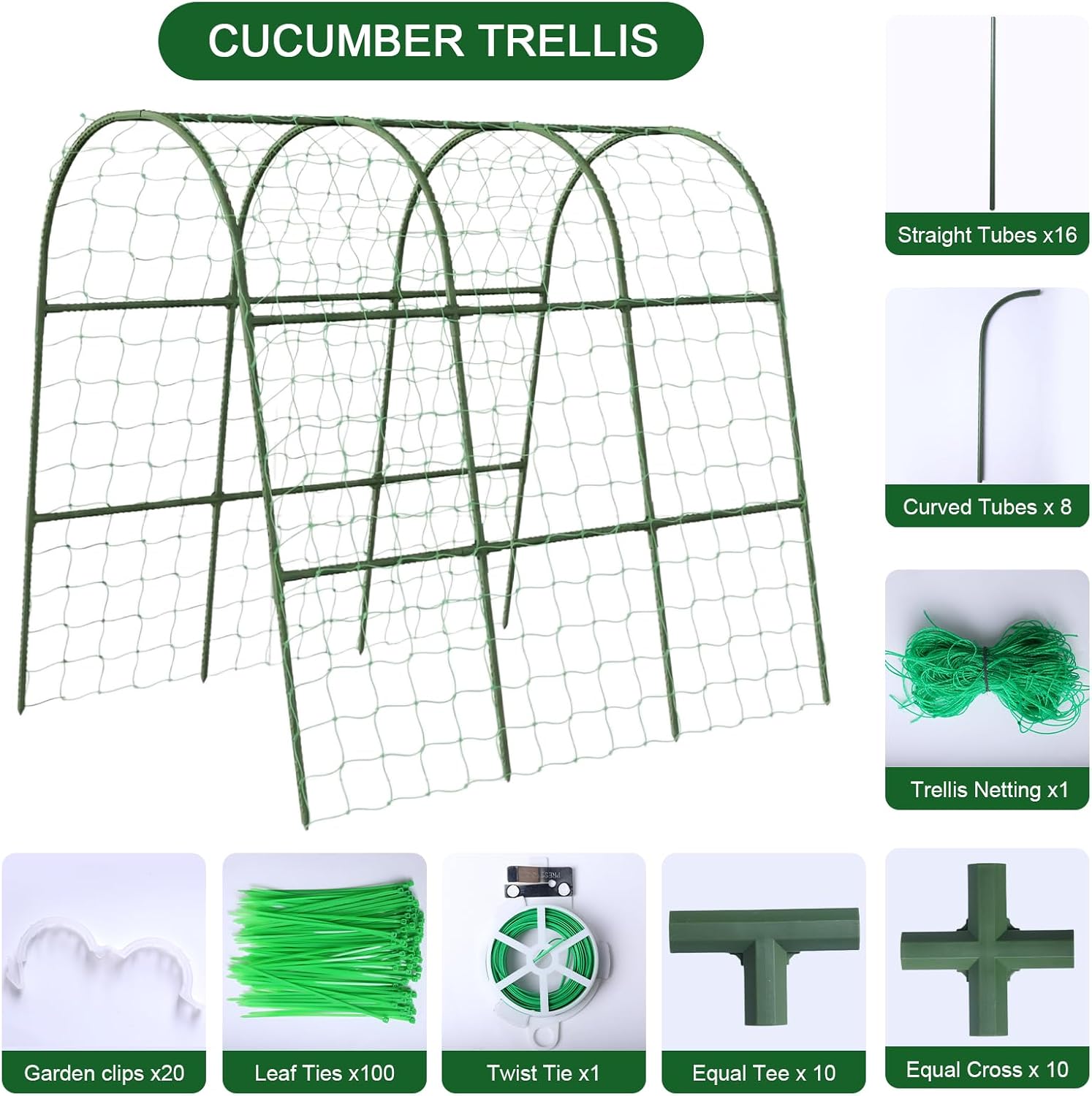 47"x47"x22" U-Shape Cucumber Trellis, Metal Plant Support with Net | 20 clips & ties included， weatherproof heavy-duty