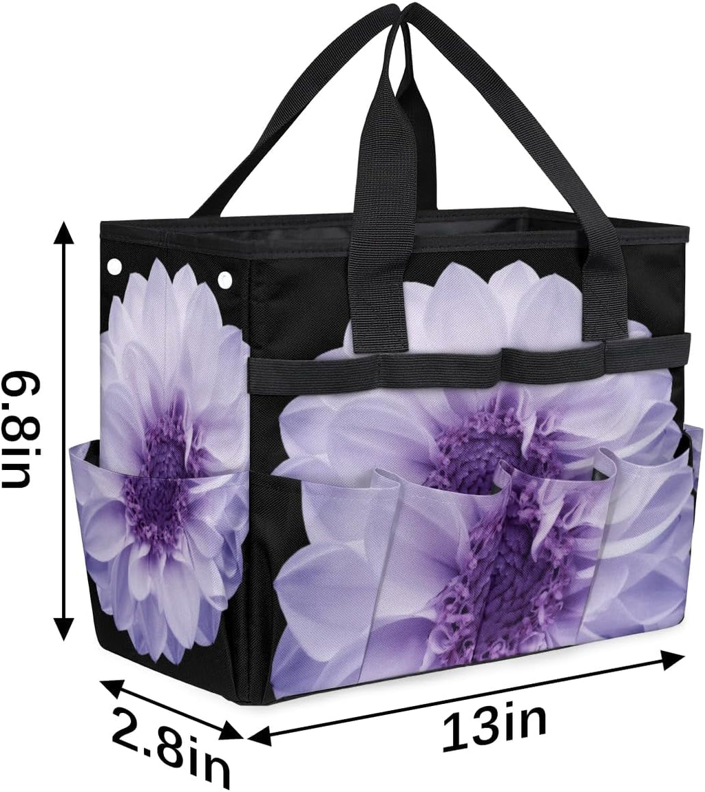 Purple Dahlia Garden Tool Bag Waterproof Gardening Tool Storage Bag with Handle & 10 Pockets Gardening Tote Bag for