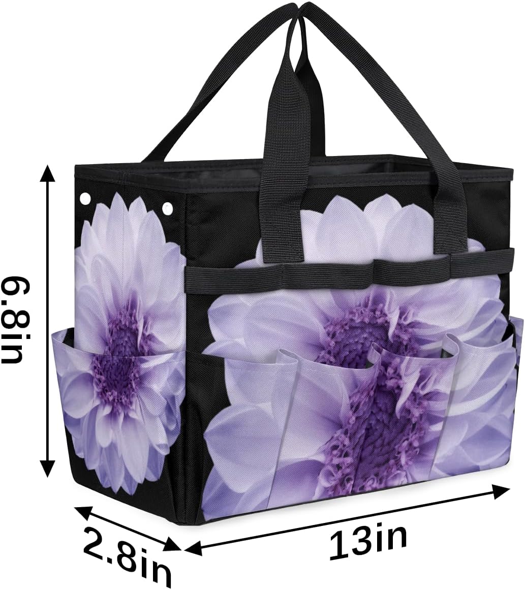 Purple Dahlia Garden Tool Bag Waterproof Gardening Tool Storage Bag with Handle & 10 Pockets Gardening Tote Bag for