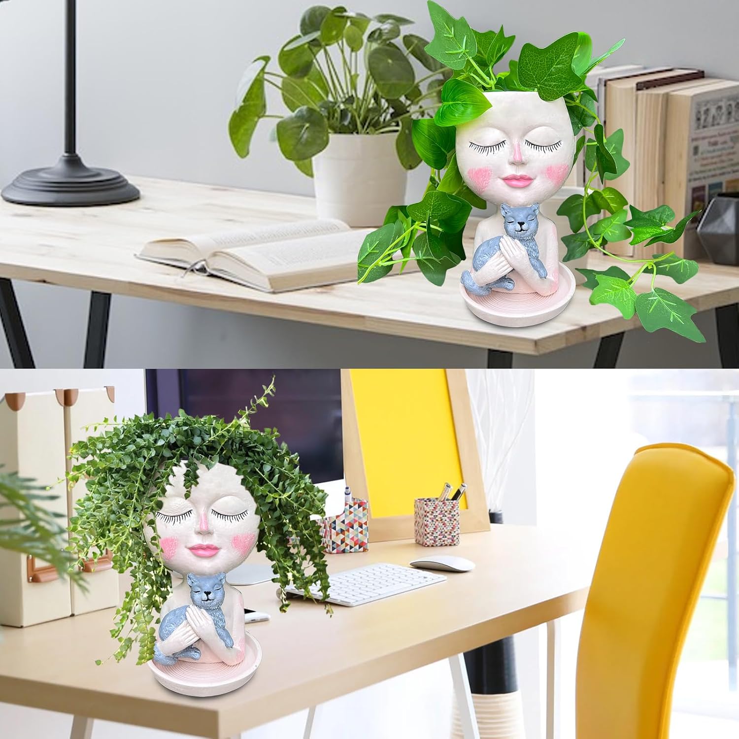 Head Planter with Drainage Hole, Resin Art Vase, Cute Lady Hugging Cat Succulent Flower Pots, Unique for Indoor Outdoor