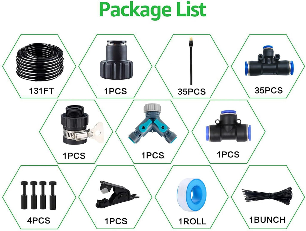 131FT Drip Irrigation Kit, Automatic Garden Watering System with Tool-Free Quick Connectors, 360° Bending Drippers &