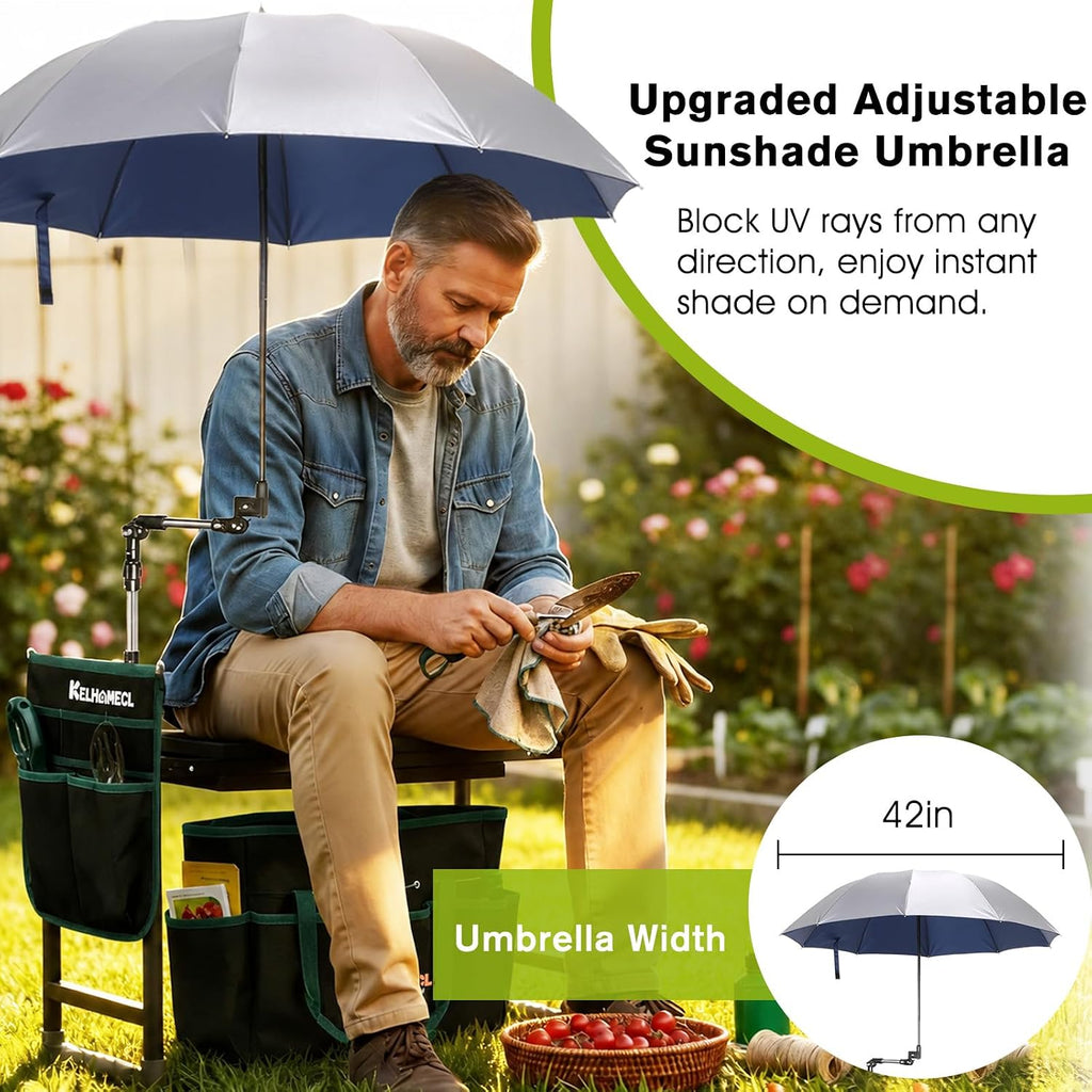 Garden Kneeler and Seat with Umbrella,Heavy Duty Gardening Bench and Stool | 2-in-1 Foldable Gardening Stool with
