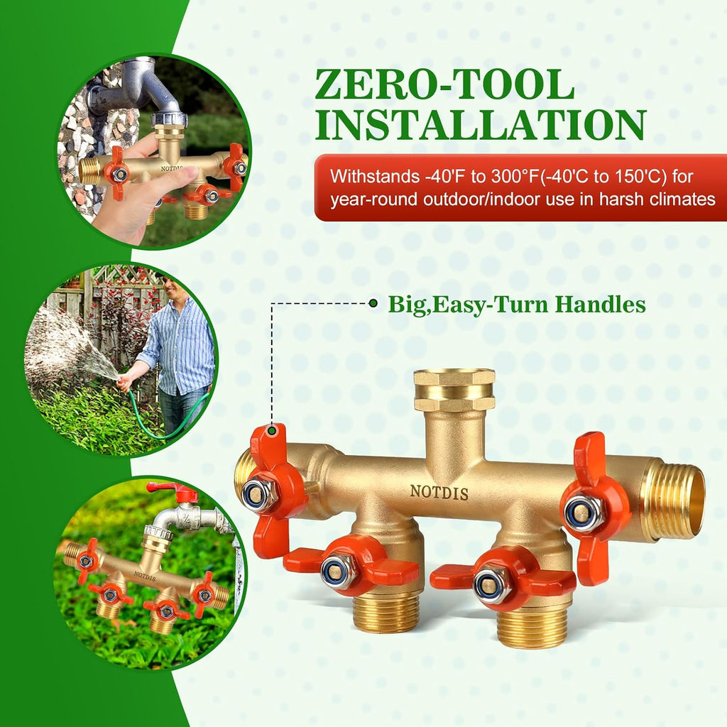 4 Way Brass Hose Splitter Full Flow with Metal Handle - Heavy Duty Spigot Splitter with Shut Off Valve, 3/4" GHT Garden