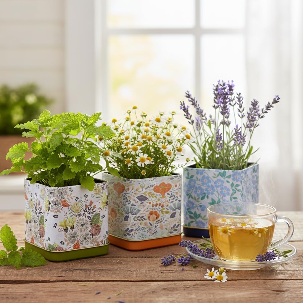 Buzzy Seeds Herbal Tea Garden Grow Kit 3-Pack - Metal Windowsill Planter - Complete Indoor/Outdoor Gardening Kit with