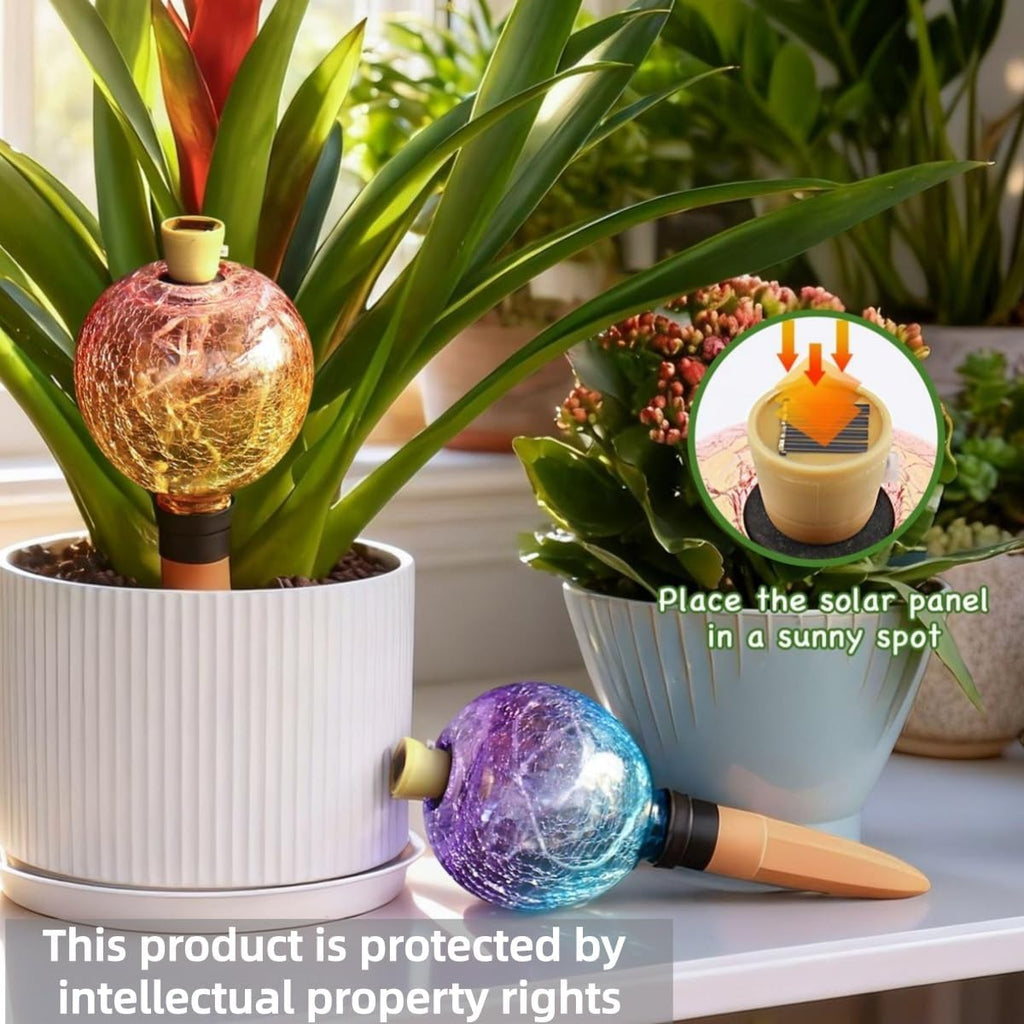 VOREEN Crackle Glass Plant Watering Globe with Terracotta Spike,Self-Watering Irrigation for Potted Plants, with Solar