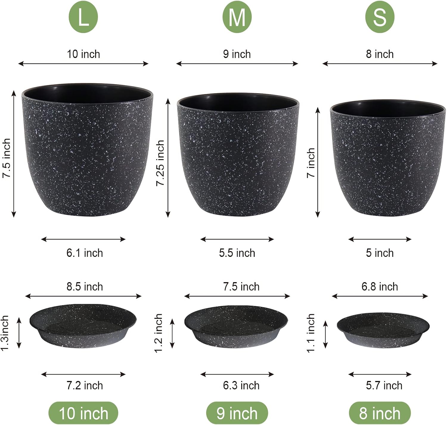 WSMKSZ Plant Pots 10/9/8 inch, Set of 3 Modern Decorative Plastic Planters with Drainage Holes and Saucers for Garden