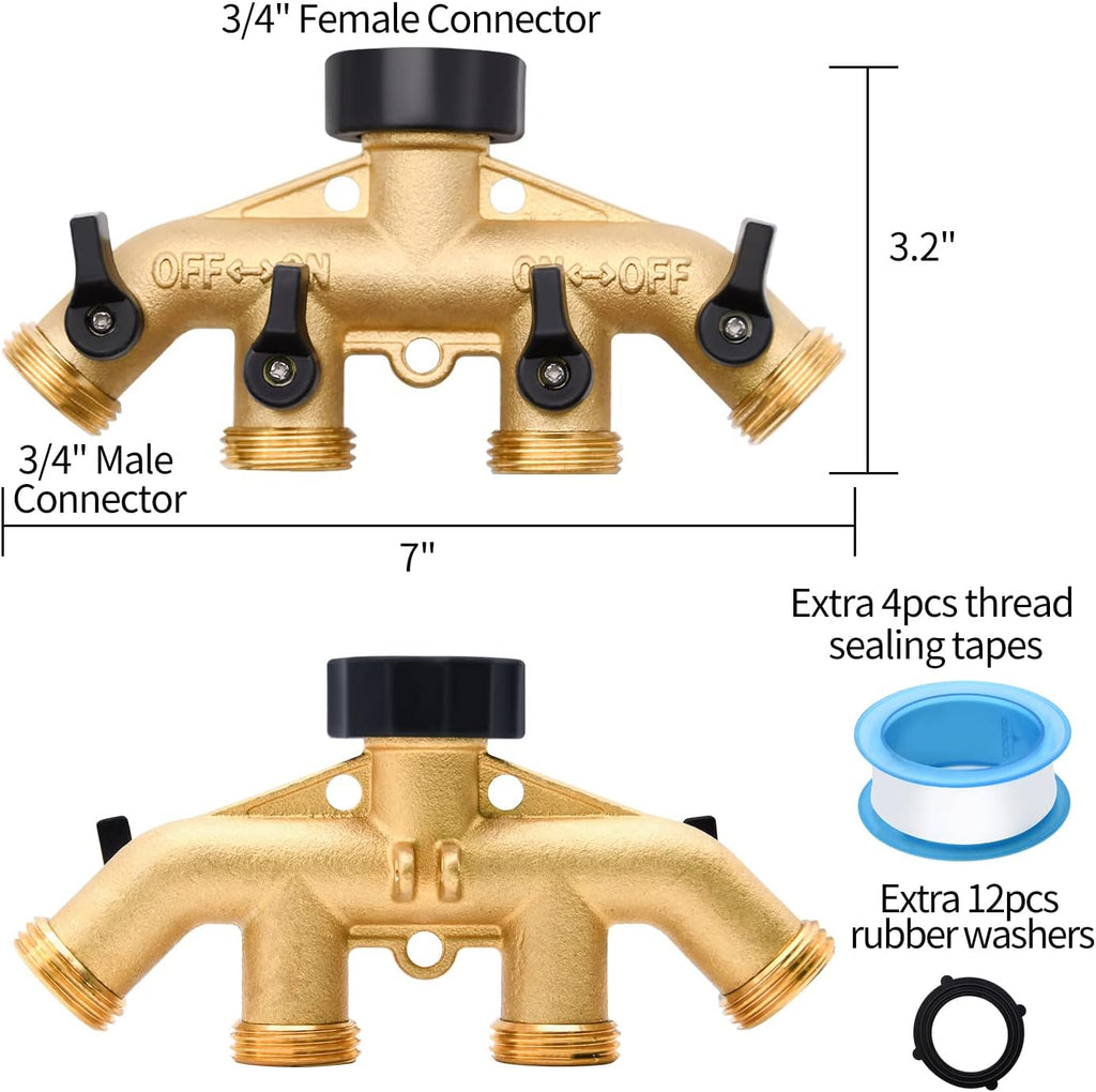 2 Pack 4 Way Hose Splitter, with Rubber Washers & Tapes | for 3/4" Hose Connector, Brass Garden Hose Manifold