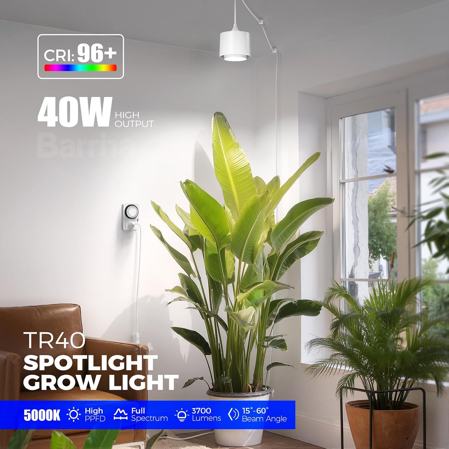 Barrina TR40 Hanging Plant Lights for Indoor Plant, 40W 5000K Full Spectrum | Adjustable Beam Angle (15°-60°), High