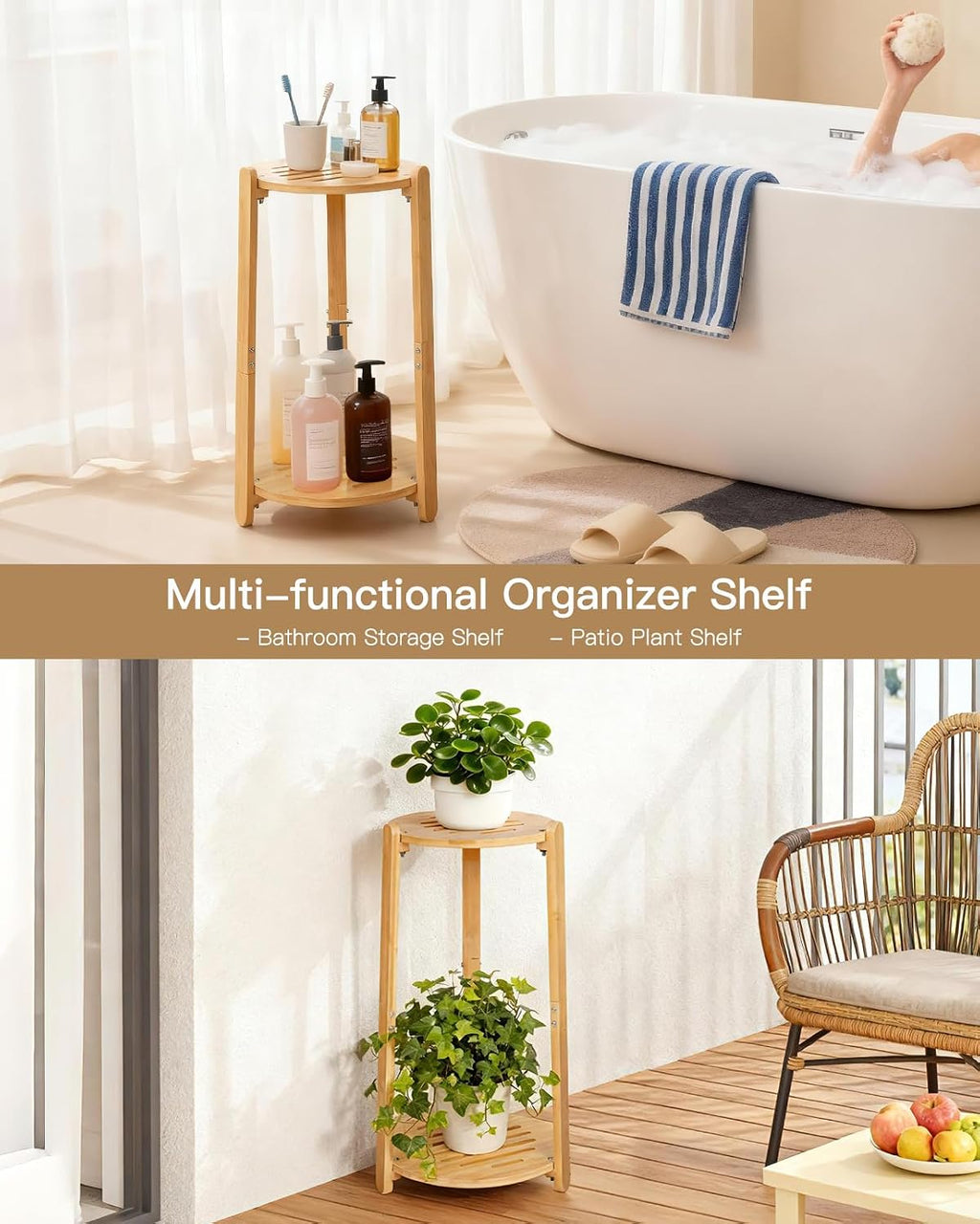 2 Tier Round Bamboo Plant Stands Shelf Indoor Wooden Corner | Tall Flower Pot Stands Shelf Plant Pedestal Holder Rack