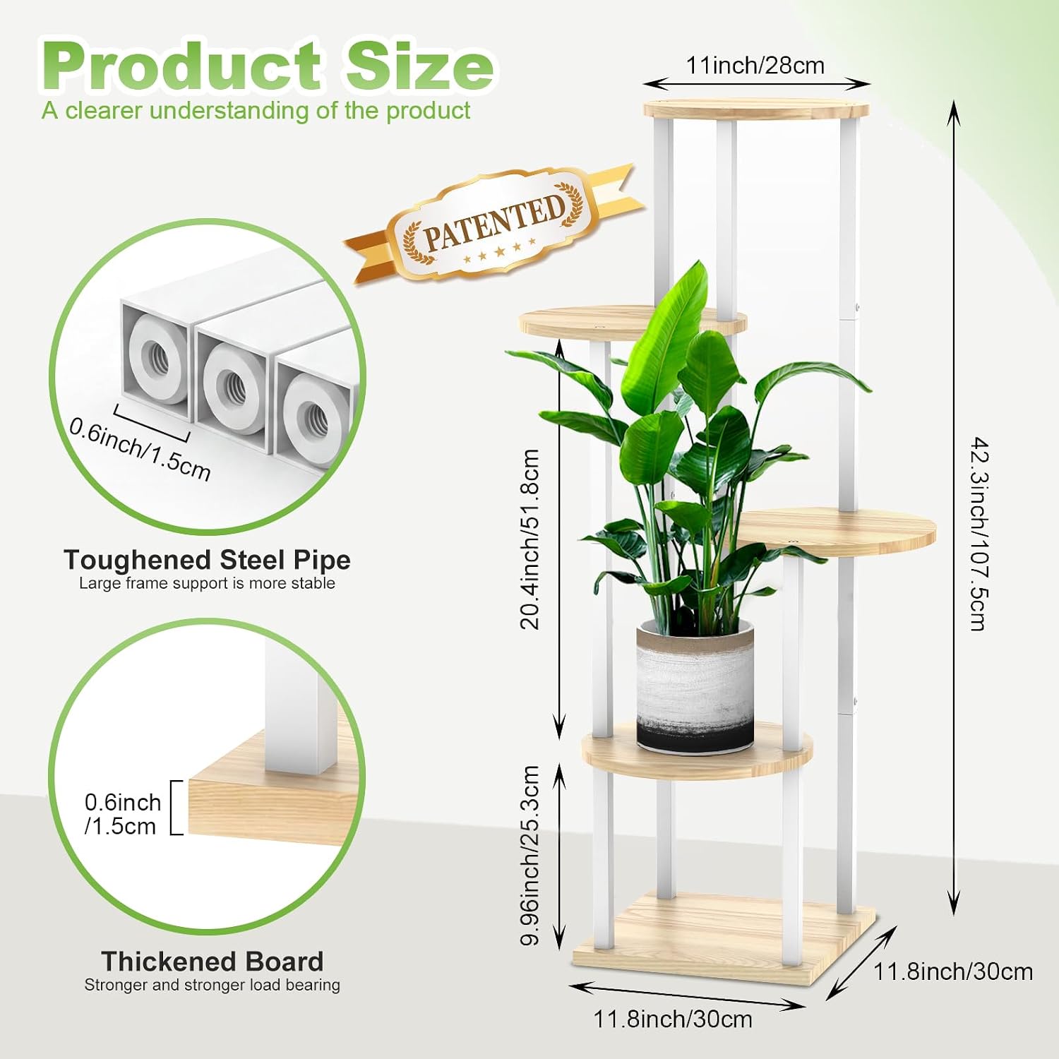 5 Tier Wood Tall Plant Stand Metal Rack Indoor, Multiple Flower Pot Holder Shelves Corner Rack, Round Planter Shelf