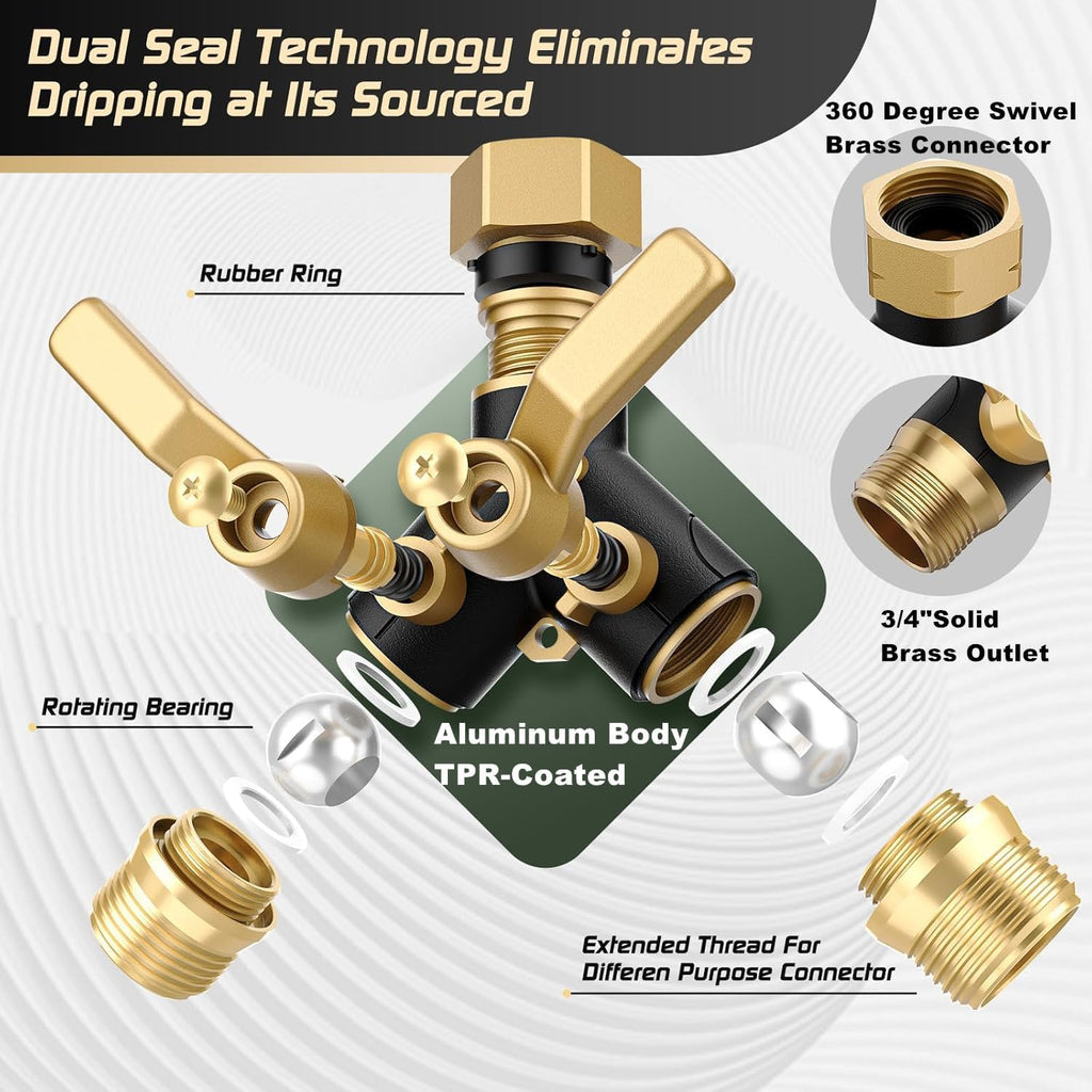 Hose Splitter 2 Way Heavy Duty, Garden Hose Splitter- Full Metal Body Y Type with Dual Shut Off Valves, 3/4" Standard