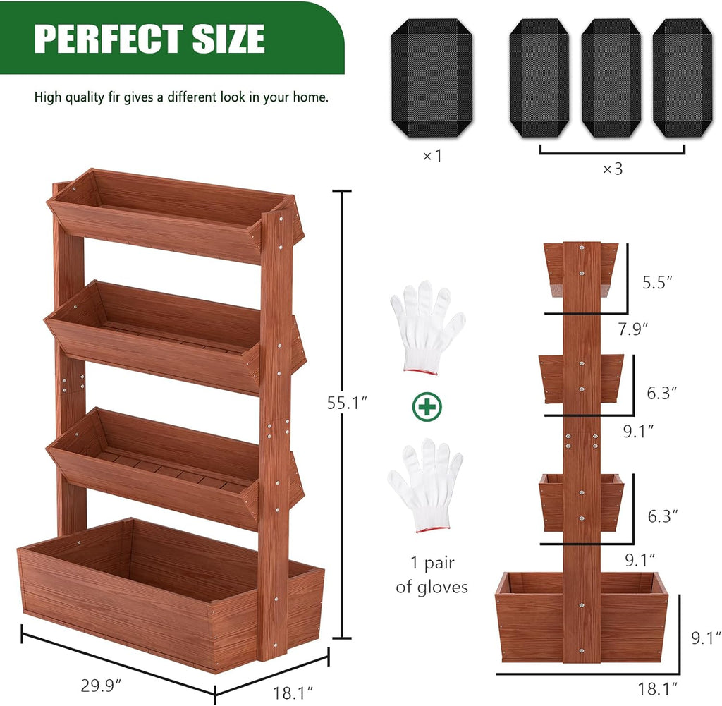 Wood Vertical Raised Garden Bed, 4 Tier Planter Box | Garden Planter Raised Bed Freestanding Plant Stand Flower Rack