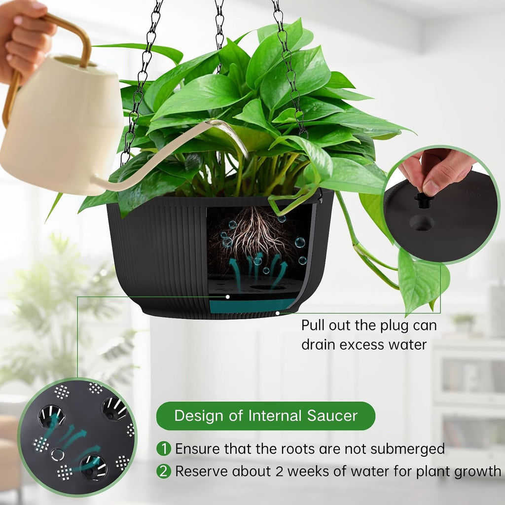 10 Inch Black Hanging Planters for Outdoor Indoor Plants - Set of 2 | Self-Watering Hanging Plant Pots with Internal