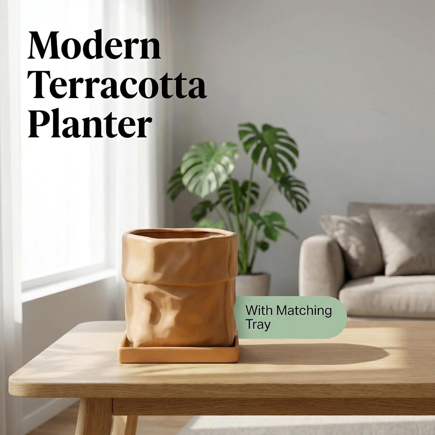 Nihow 6 Inch Ceramic Plant Pot with Drainage & Square Saucer, Terracotta | Bag Shape Design,Indoor & Outdoor,Living