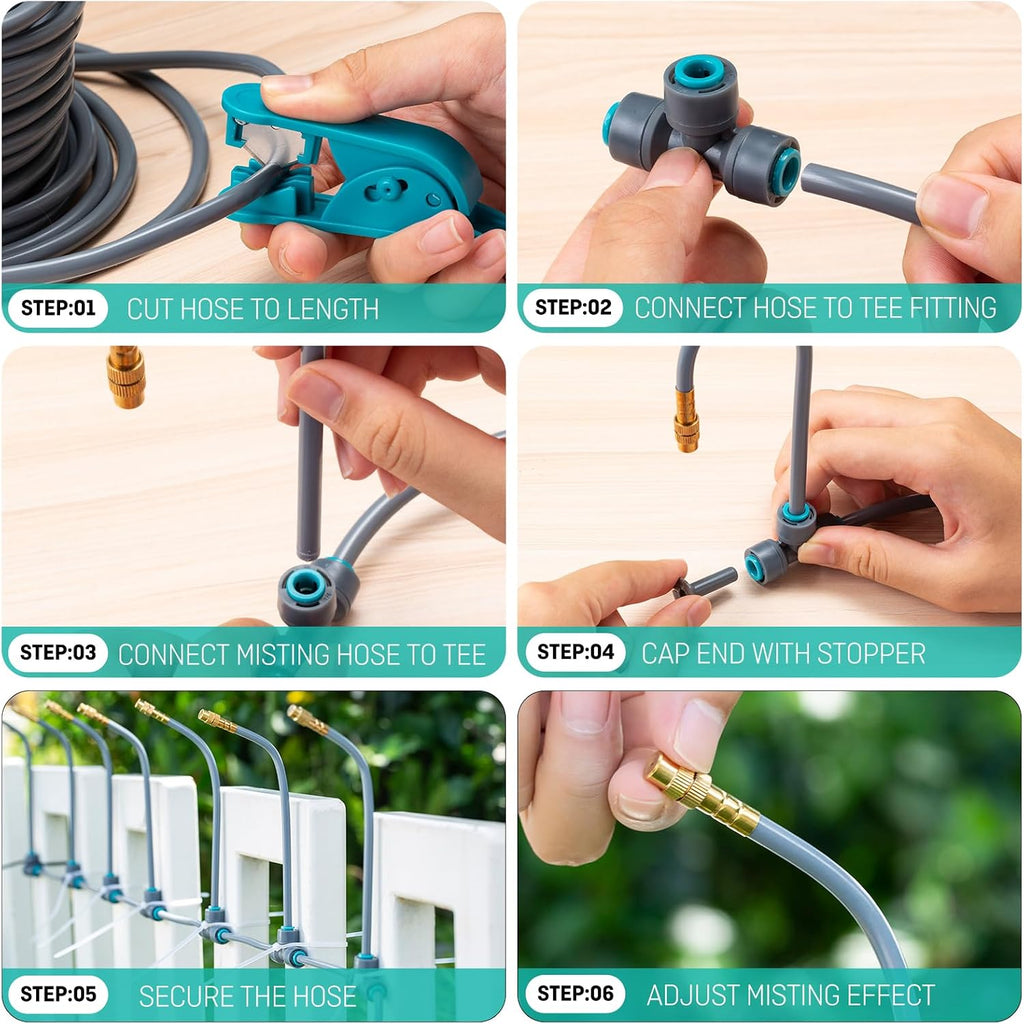 32FT Drip Irrigation System 1/4", 360° Adjustable Misting Kit for Outdoor | 10 Adjustable Copper Nozzles