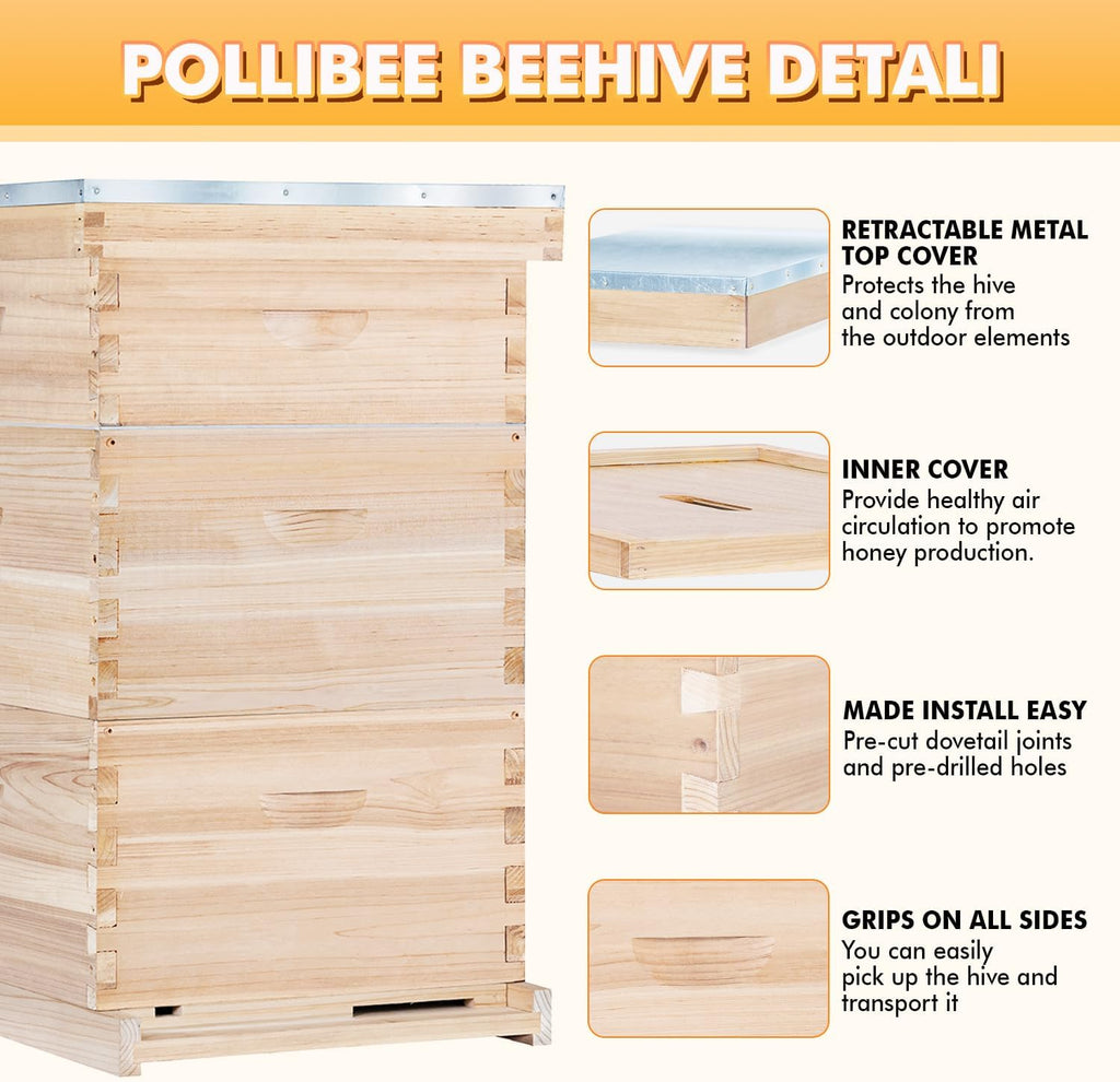POLLIBEE Bee Hive,10 Frame Beehive Boxes Starter Kit, Langstroth Beehives Include 2 Deep Hive Boxes and 1 Medium Super