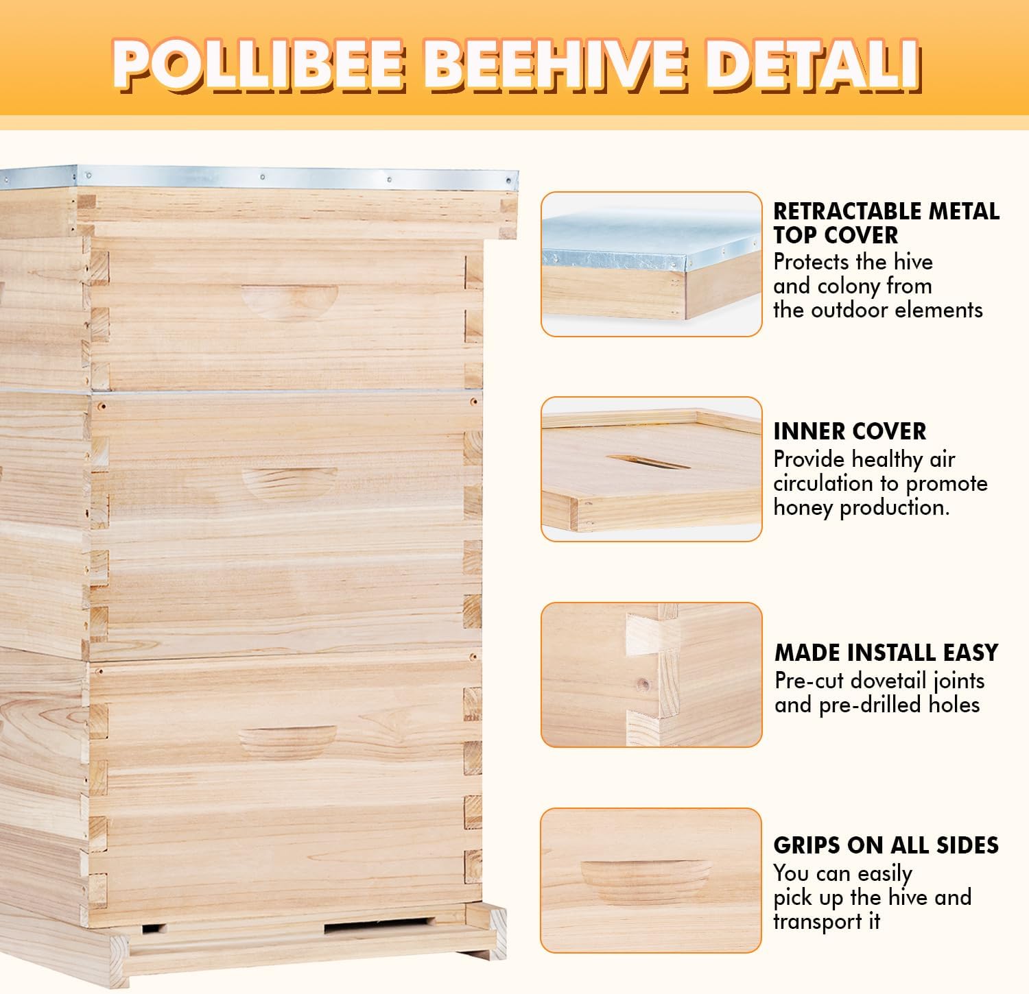 POLLIBEE Bee Hive,10 Frame Beehive Boxes Starter Kit, Langstroth Beehives Include 2 Deep Hive Boxes and 1 Medium Super