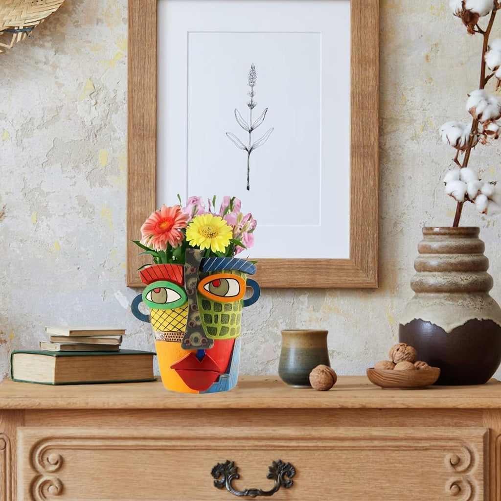 TOZLU Abstract Face Head Planter Picasso Colorful Art Resin Flower Pot | Unique Decorative Planter Gift With Drainage
