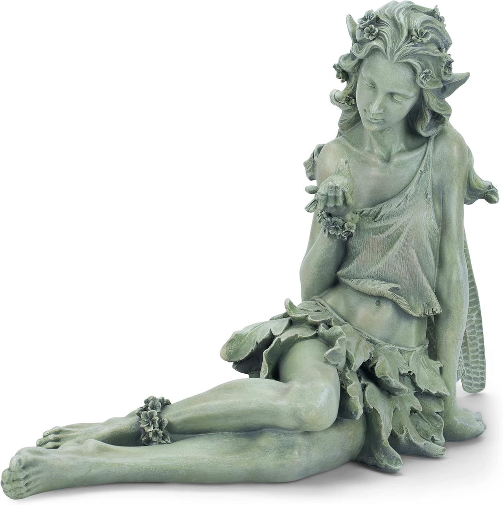 Napco Reclining Fairy with Bird 12 x 18.5 Inch Green Resin Cast Garden Statue