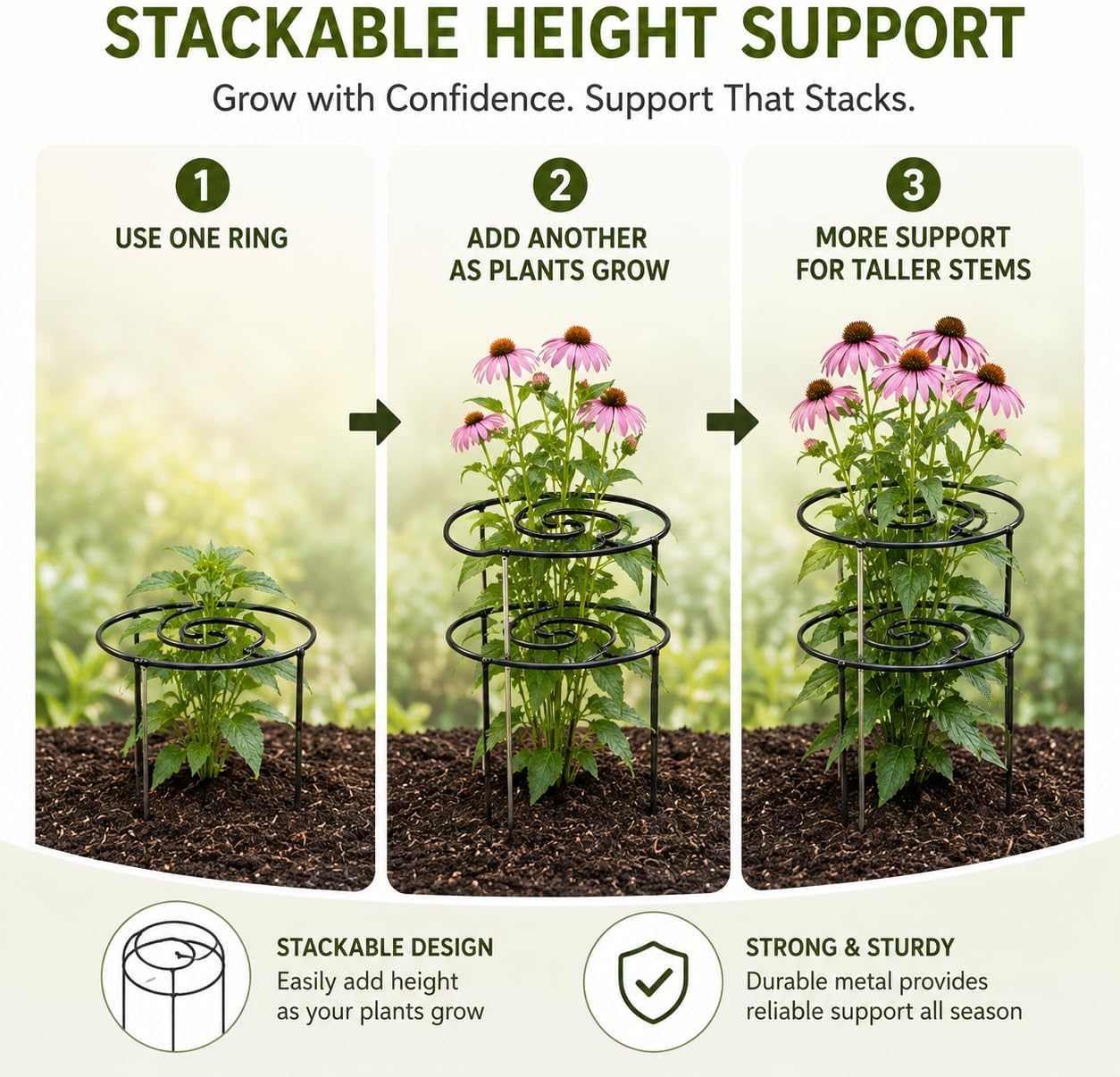 Metal Peony Support Ring for Outdoor Plants, Garden Plant Support Stakes for Flowers & Vegetables, Stackable Peony Cage