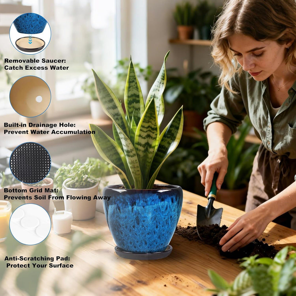 Ceramic Plant Pots With Saucer & Drainage Hole, 10 inch Indoor Flower Pots | Glaze Planters For Indoor Plant