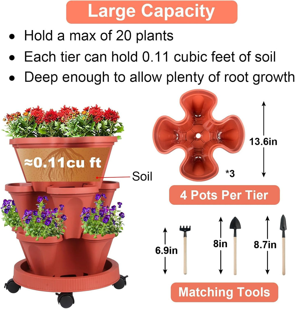 GameXcel Vertical Planter Tower- 3 Tier Stackable Garden Planter with Wheels and Tool Set – Grow Strawberries Herbs