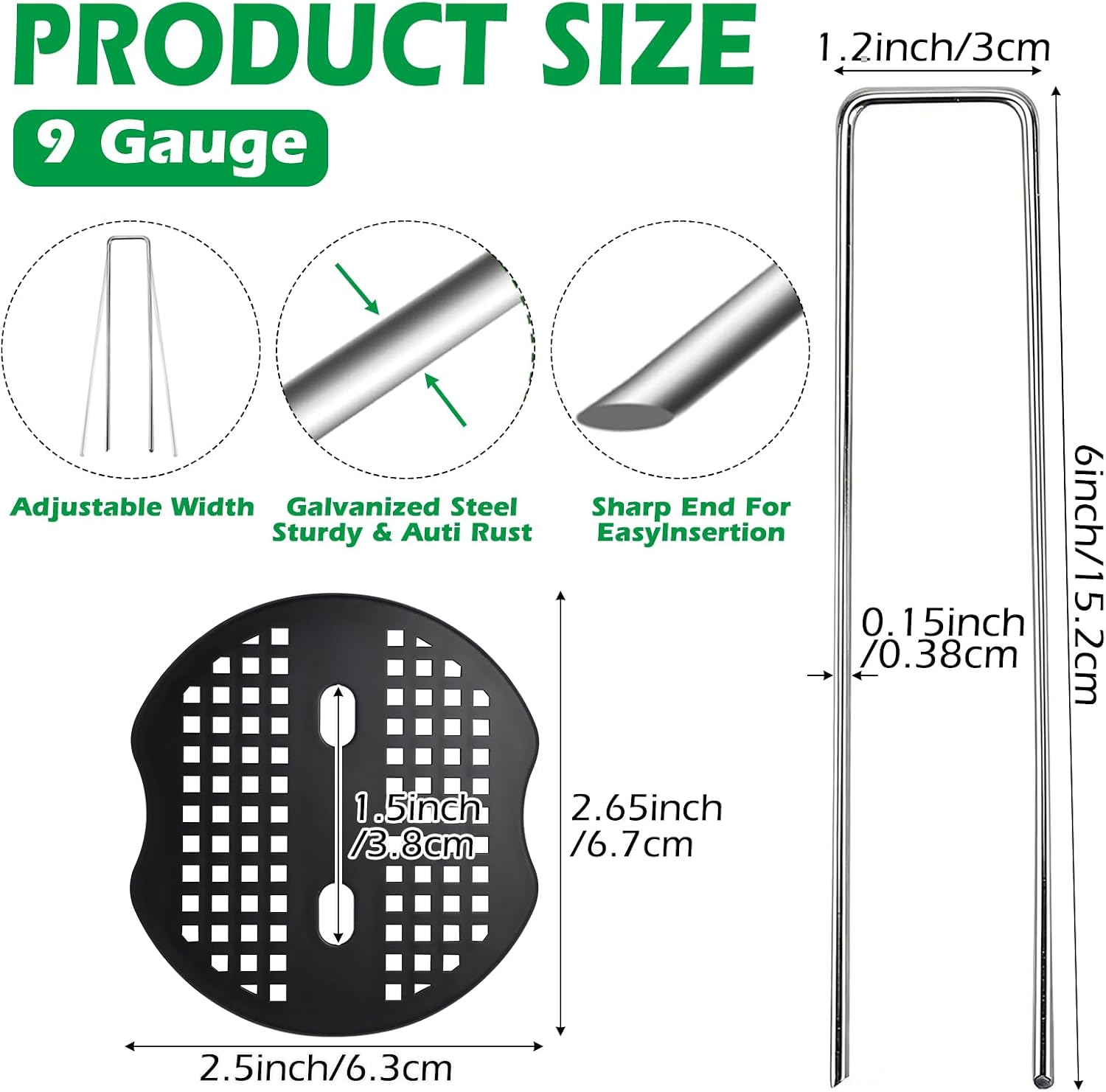 100 Pack Landscape Staples and 100 Pack Gaskets,6in Long 9 Gauge Galvanized Steel Garden Staples with Black