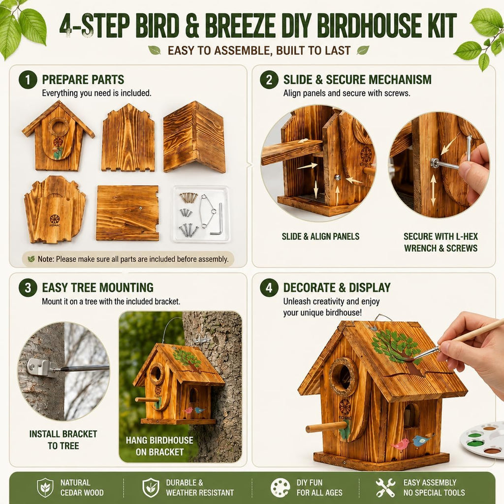 Bird House Kit for Kids & Adults, DIY Cedar Birdhouse with Paint | Mortise & Tenon, Carbonized Cedar, 3 Entrance Sizes