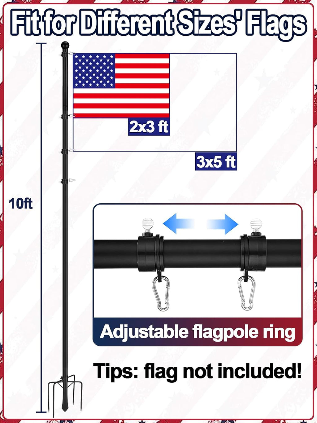 Acostop 10ft In-Ground Flag Pole for Outside House, Fits 2 Flags | Windproof Thicken Flag Pole Kit with 5 Sturdy Prongs