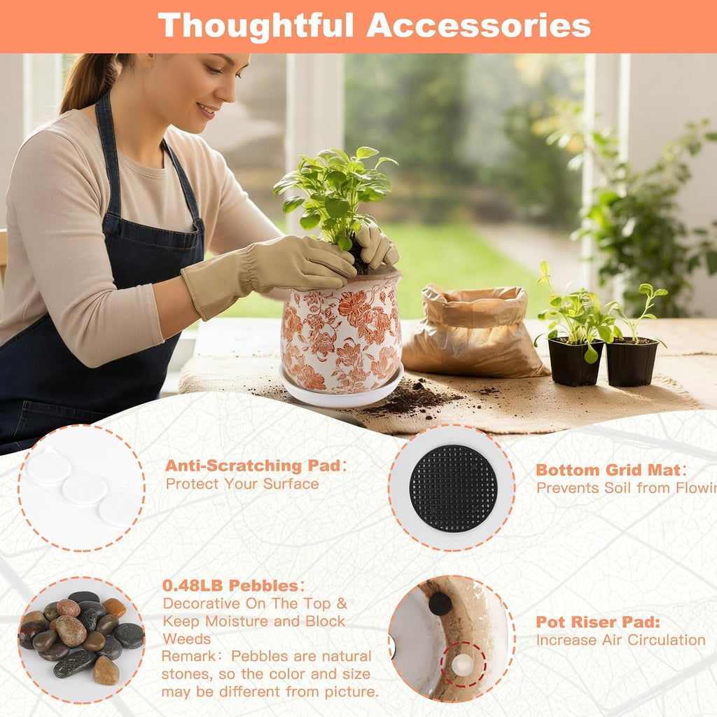 Ceramic-Planters-for-Indoor-Plants with Saucer, 6 inch Vintage Ice Crackle Glaze Plant Pots with Drainage Holes