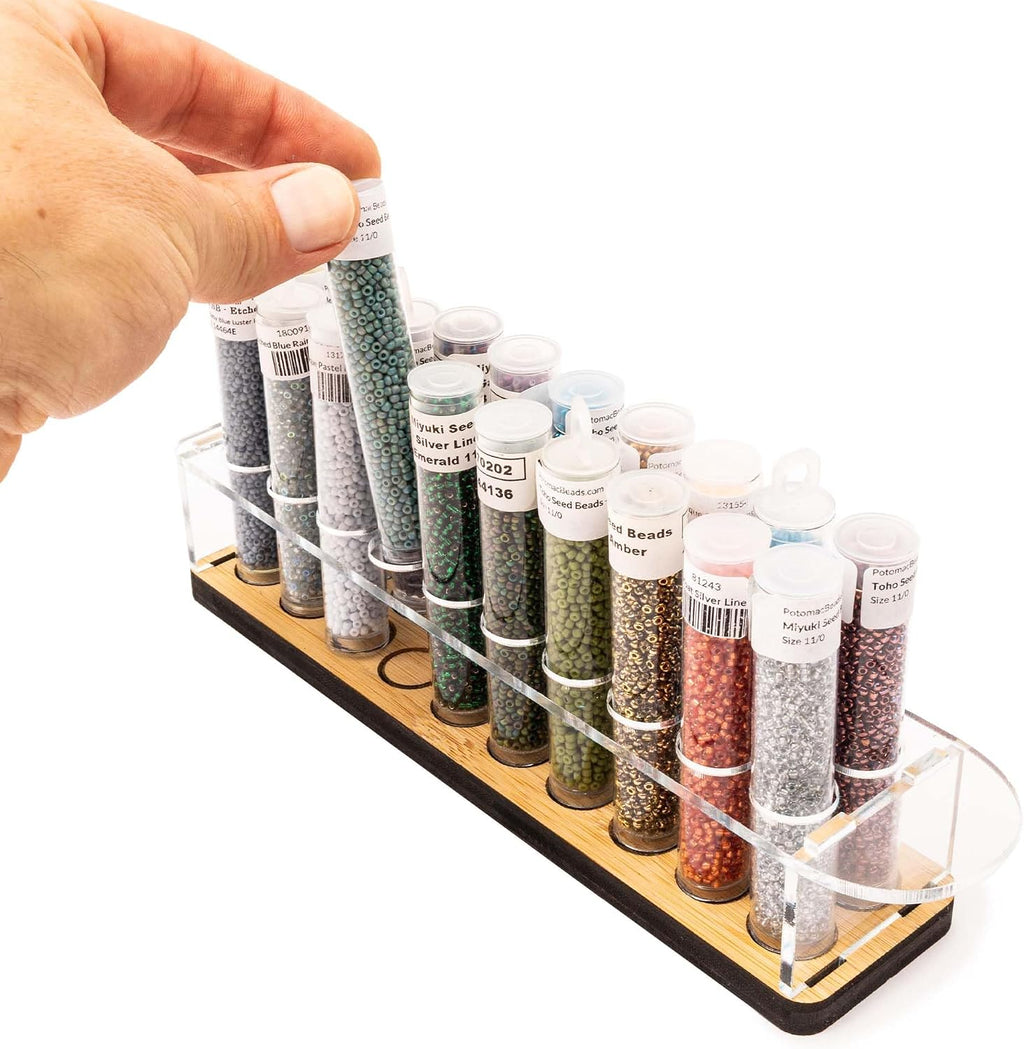 Bamboo Bead Cabinet – Bead Storage Organizer for Delica & Seed Bead Tubes – 60-Slot Wooden Rack for Jewelry Making &