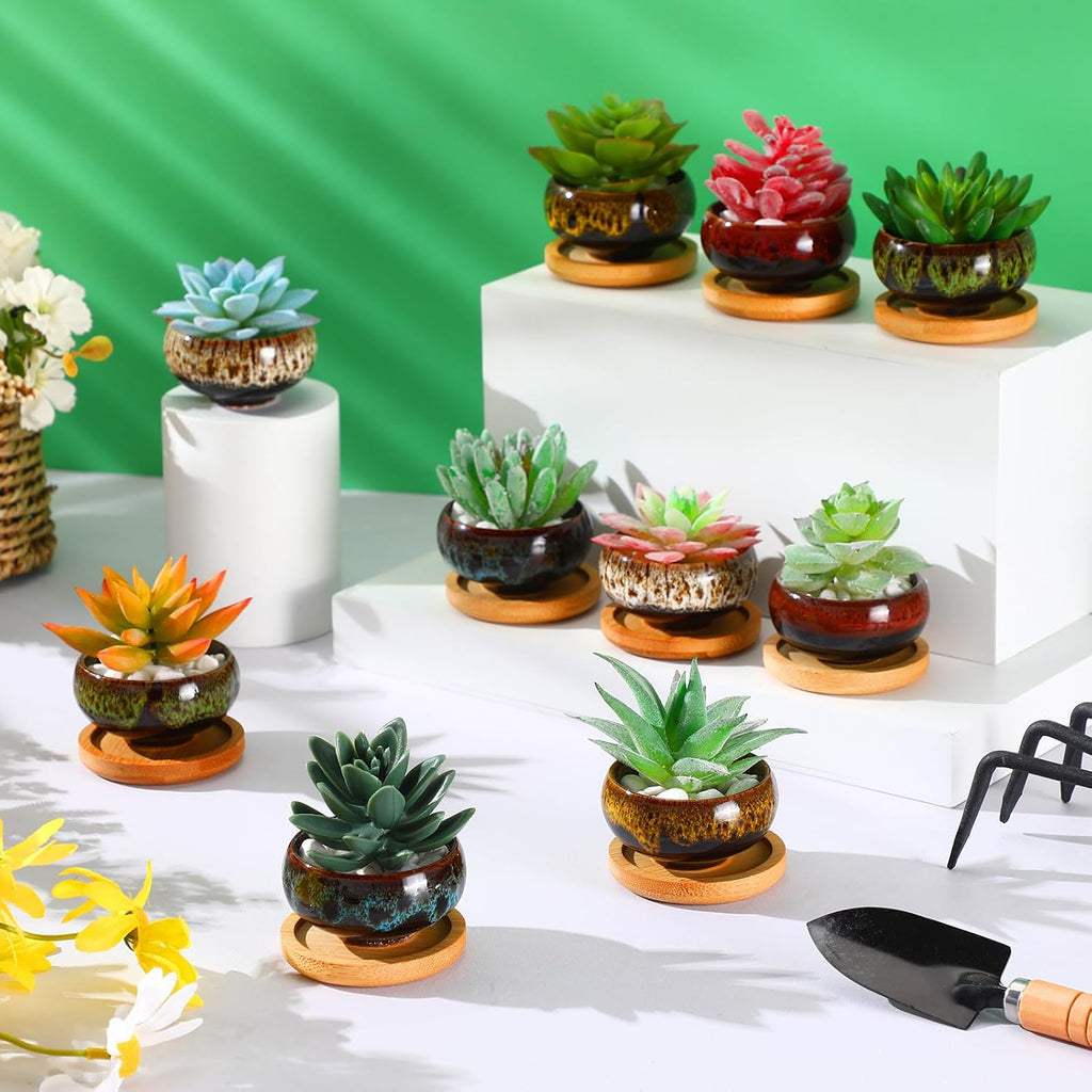 48 Pcs Ceramic Succulent Pots 2.5 Inch Small Plant Pots Indoor with Drainage and Bamboo Saucers Colorful Succulent