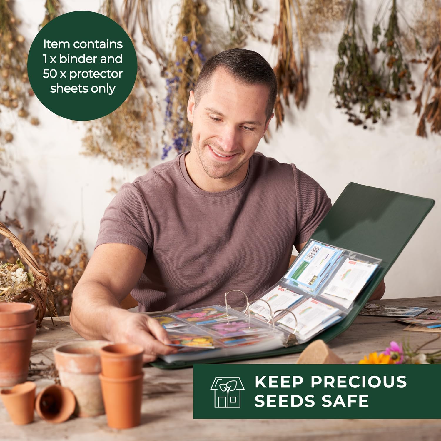 Wildgoose Seed Binder - Garden Seed Packet Organizer, Storage Book, Green | 50 sheet protectors hold 200 envelopes